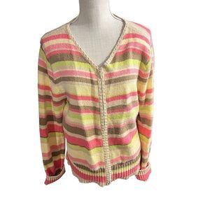 Talbots Women Pastel Multicolor Striped Full-Zip Cardigan Sweater Sz XL Cotton